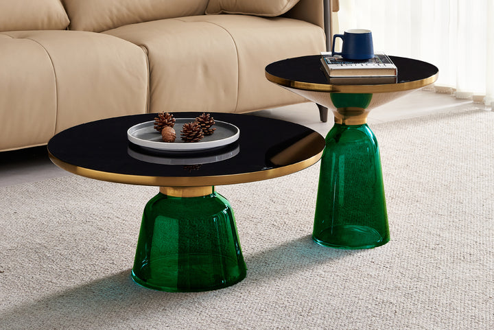 Bell Round Glass Coffee Table (GREEN) with Hand-Blown Glass Base (Set of 2)