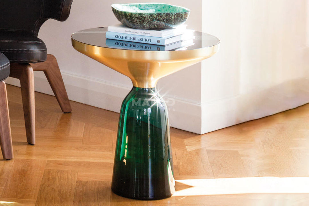 Bell Round Glass Coffee Table (GREEN) with Hand-Blown Glass Base (Set of 2)