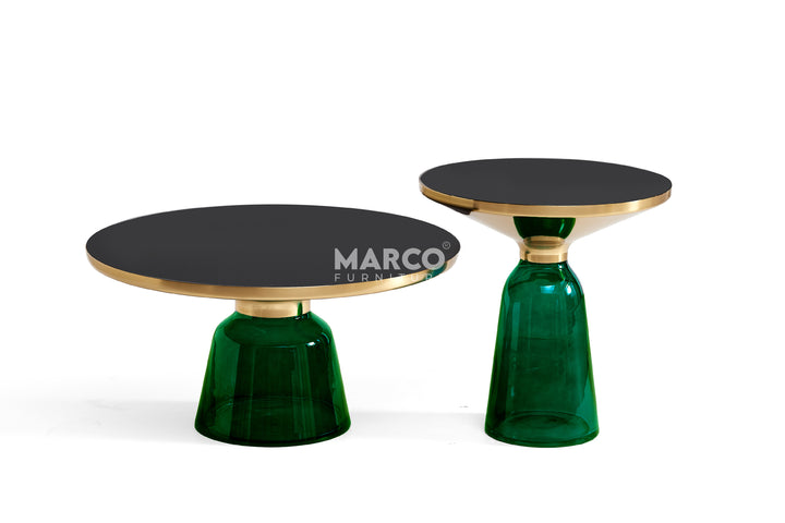 Bell Round Glass Coffee Table (GREEN) with Hand-Blown Glass Base (Set of 2)