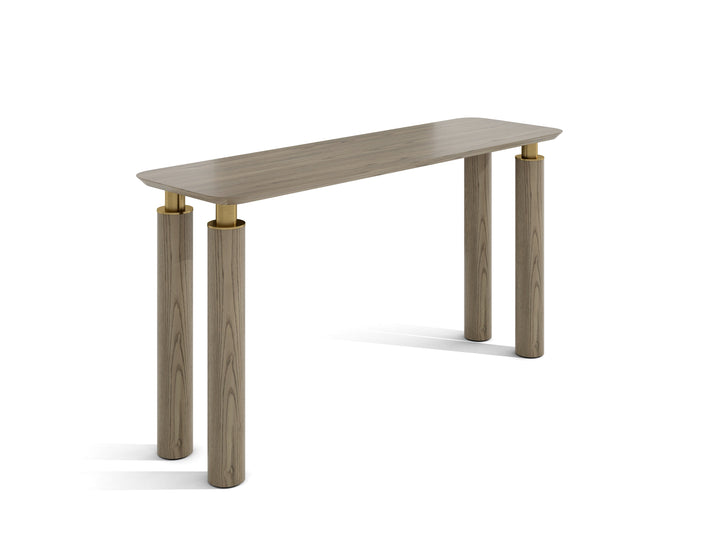 A rectangular console table with white ash veneer tabletop, bronze stainless steel legs and wooden pillars, set against a white background.