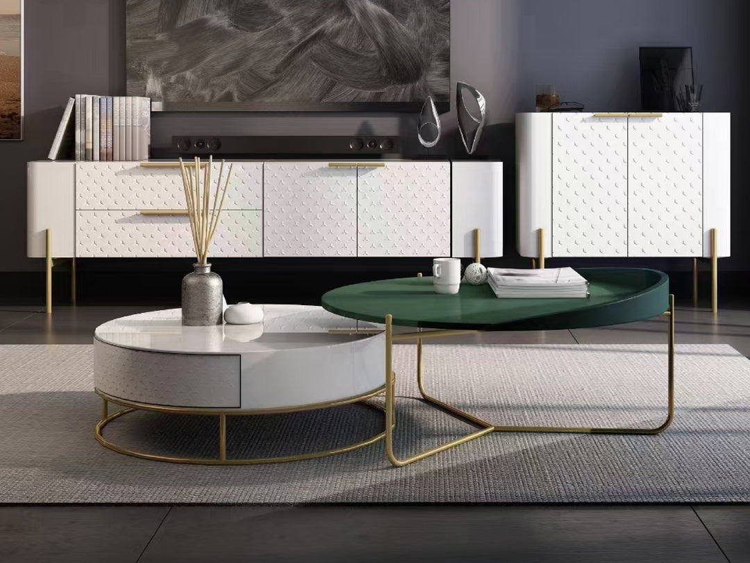 Modern living room with a green coffee table and white cabinet.