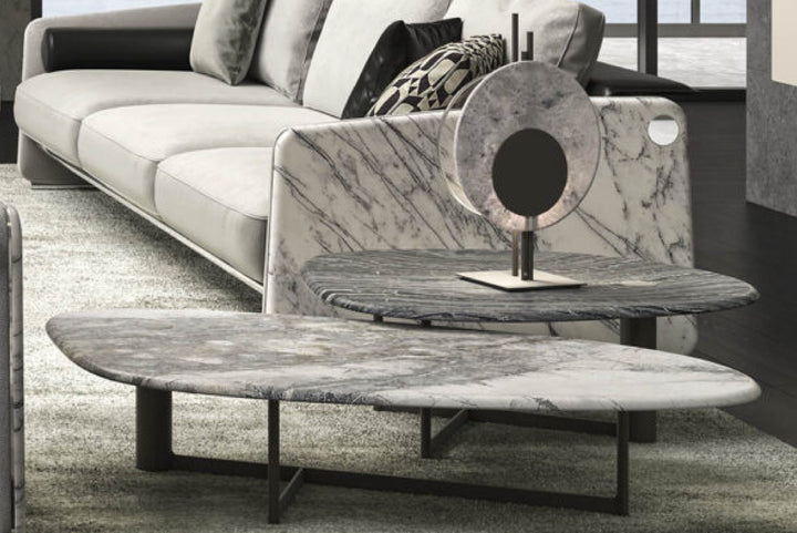 Marble coffee table in a living room setting.