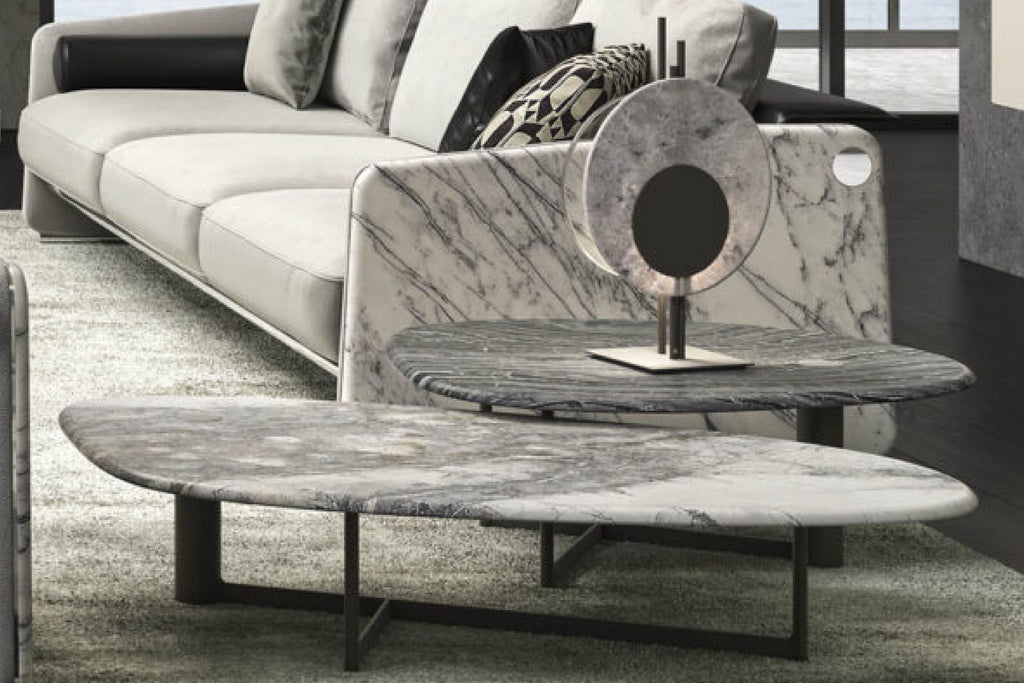 Marble coffee table in a living room setting.