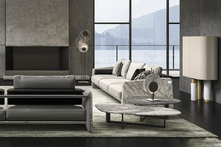 Modern living room with a view of the ocean.