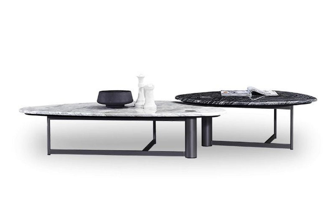 Two marble coffee tables with black metal frames on a white background.