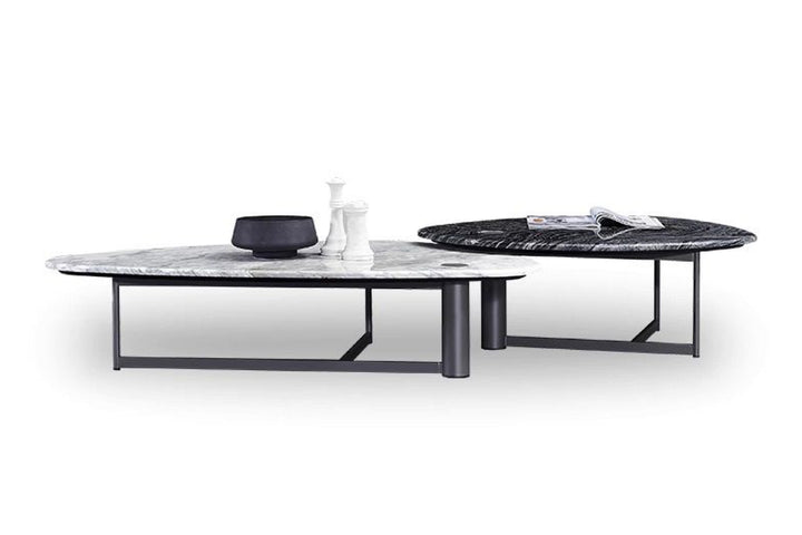 Two marble coffee tables with black metal frames on a white background.