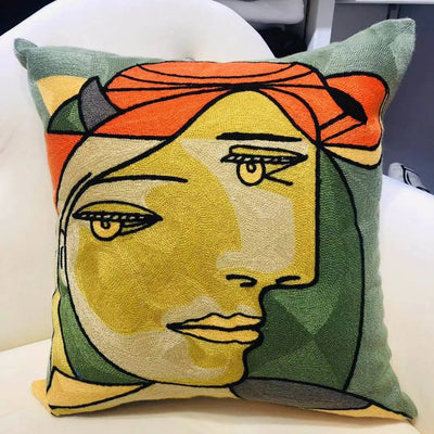 Canvas Two Faced Woman Abstract Cushion Olive color