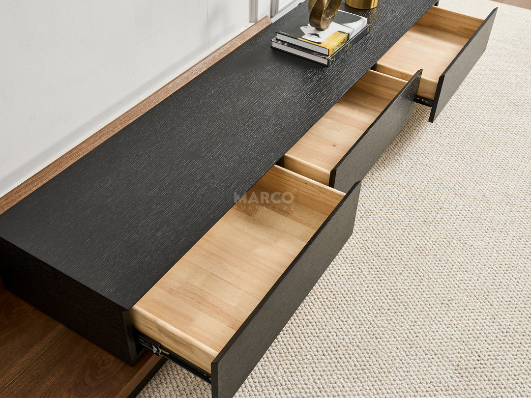 Dining table with open drawer