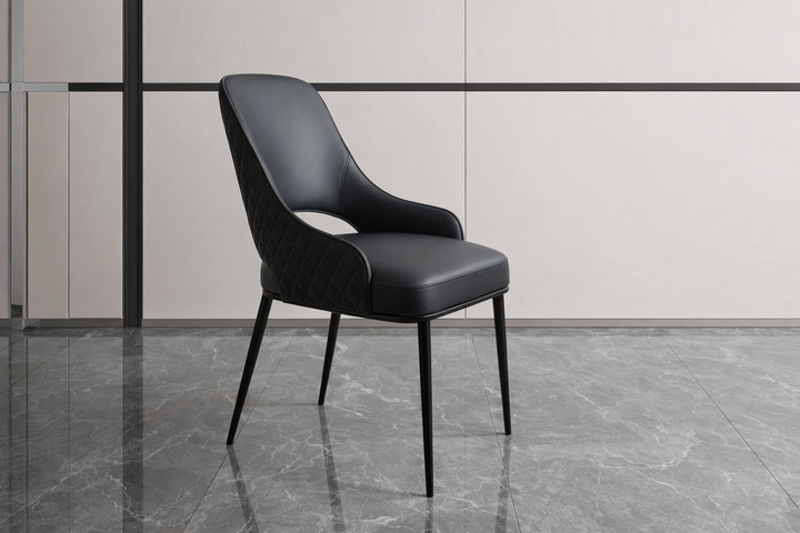 Prada Curved Back Black Leather Dining Chair with Metal Legs