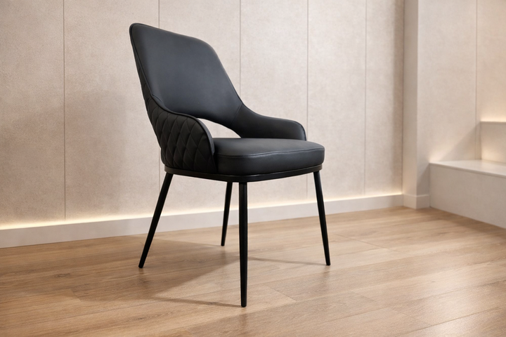 Prada Curved Back Black Leather Dining Chair with Metal Legs