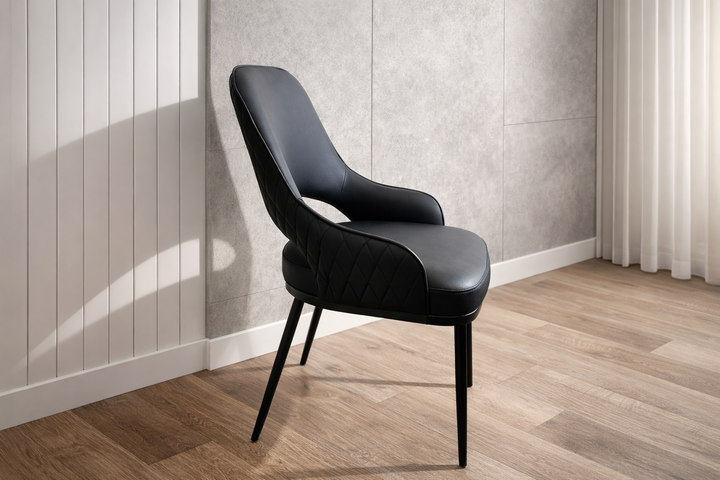 Prada Curved Back Black Leather Dining Chair with Metal Legs