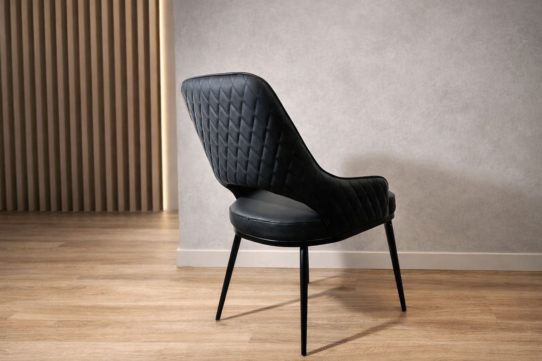 Prada Curved Back Black Leather Dining Chair with Metal Legs