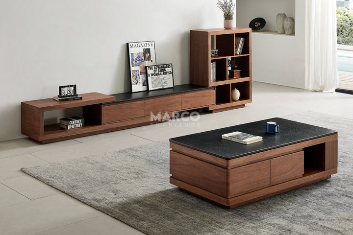Coco Coffee Table with Black Burnt Stone Top and Storage