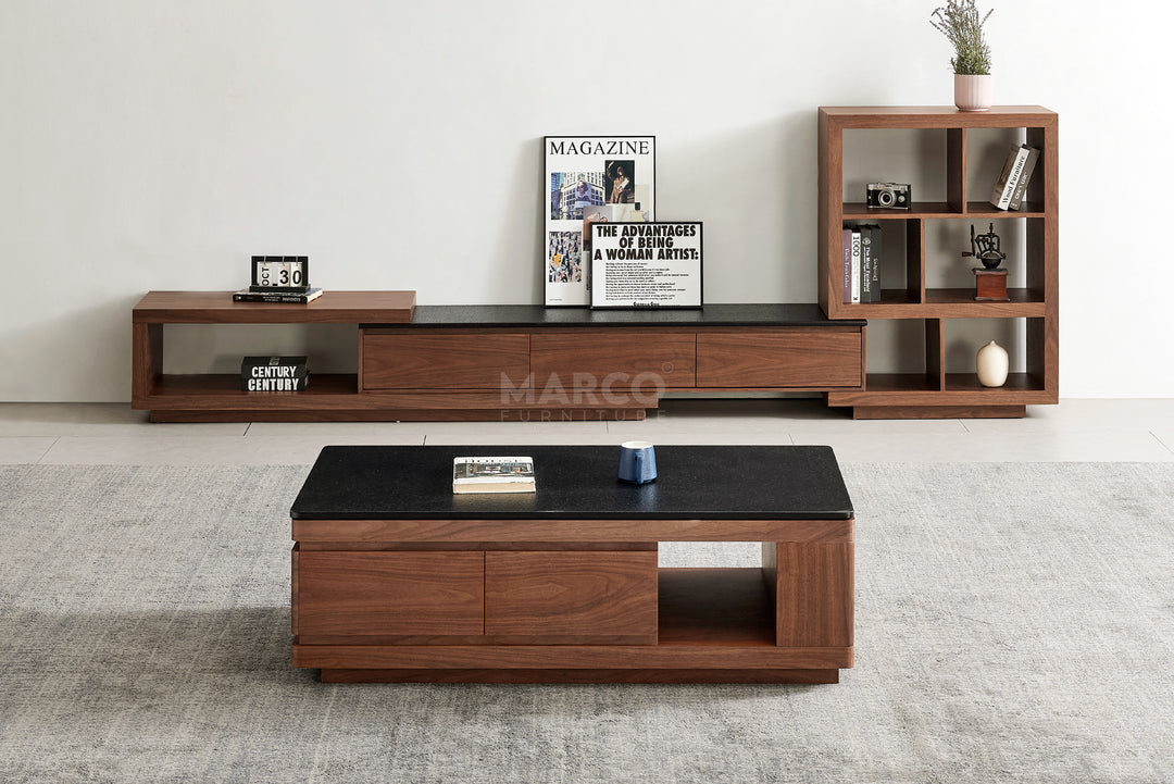 Coco Coffee Table with Black Burnt Stone Top and Storage