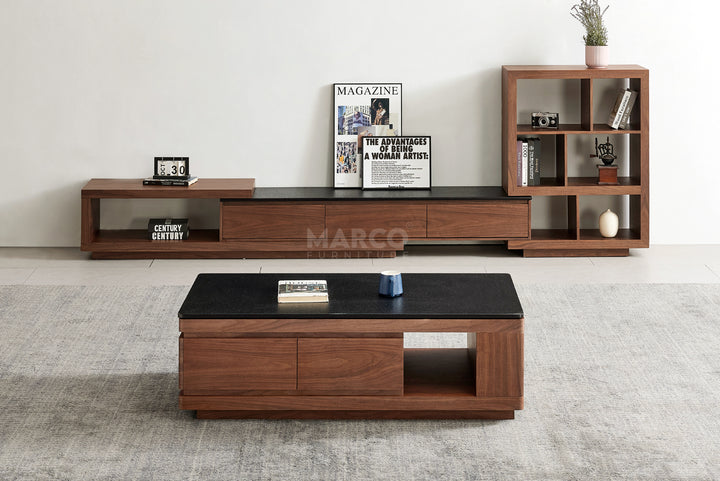 Coco Coffee Table with Black Burnt Stone Top and Storage