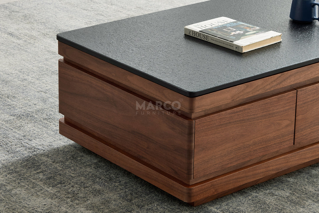 Coco Coffee Table with Black Burnt Stone Top and Storage