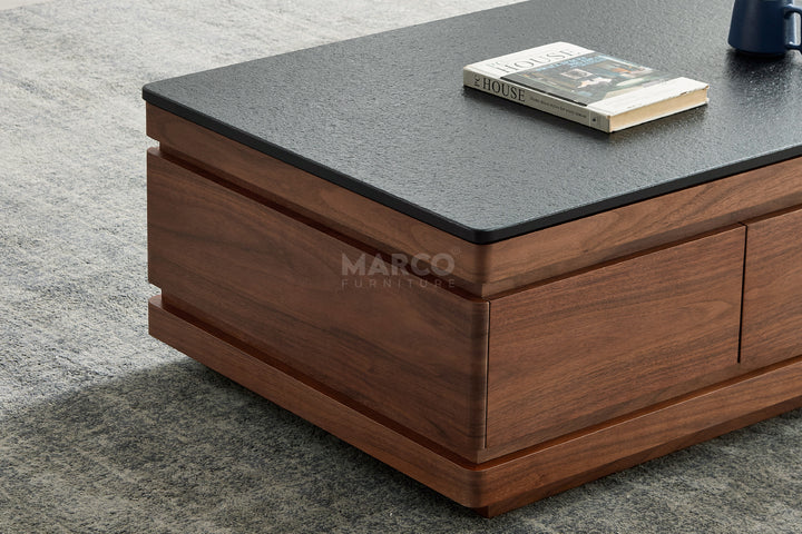 Coco Coffee Table with Black Burnt Stone Top and Storage