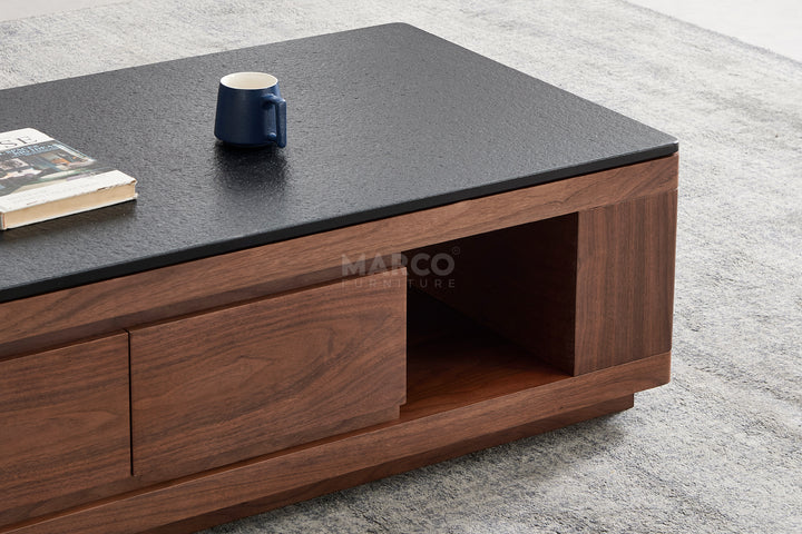 Coco Coffee Table with Black Burnt Stone Top and Storage