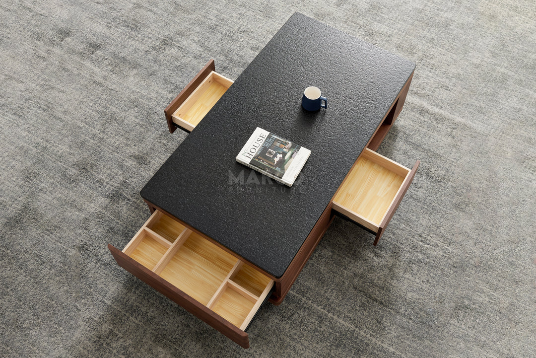Coco Coffee Table with Black Burnt Stone Top and Storage