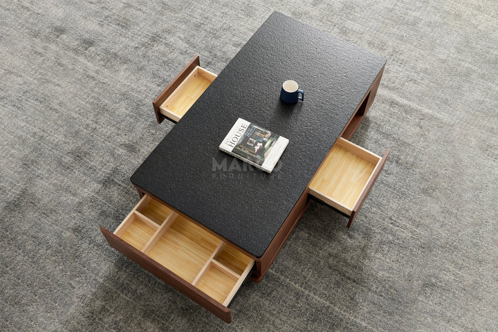Coco Coffee Table with Black Burnt Stone Top and Storage