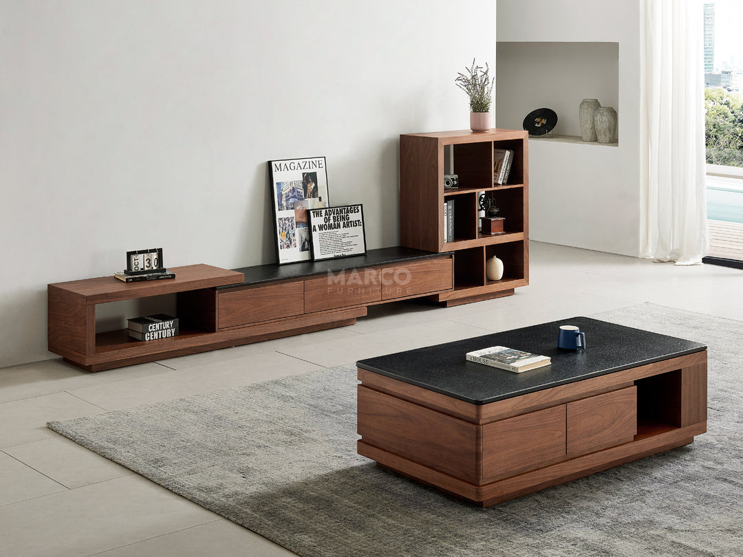 Wooden TV stand and coffee table in a living room.