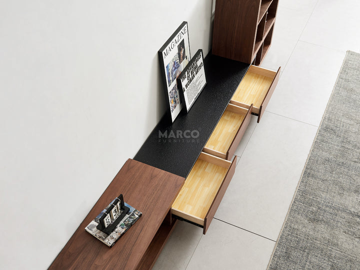 Wooden bench with built-in storage compartments in a modern living room.