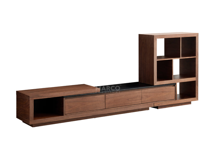 Wooden entertainment console with shelves on a white background