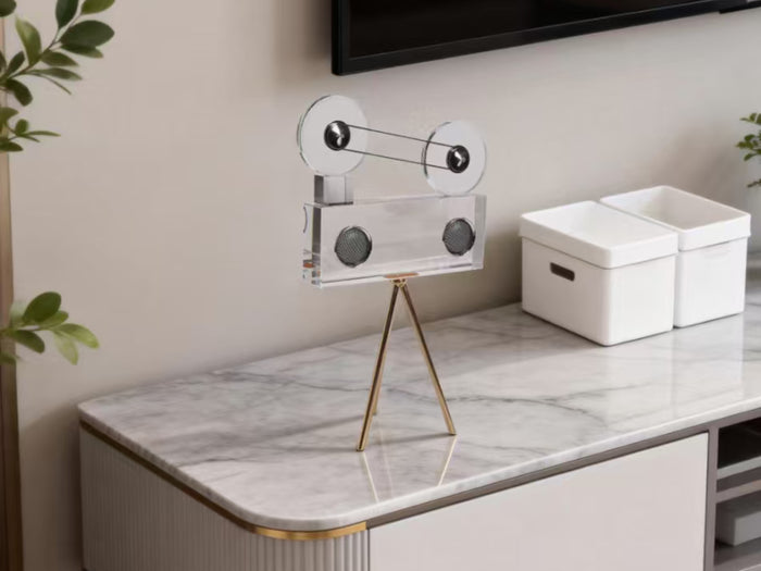 Crystal Film Reel Camera Sculpture – Vintage Tripod Decor