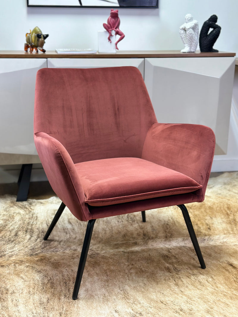 Diego Ascent Chair in Luxurious Maroon Velvet with Low Seating Design and Sturdy Metal Legs