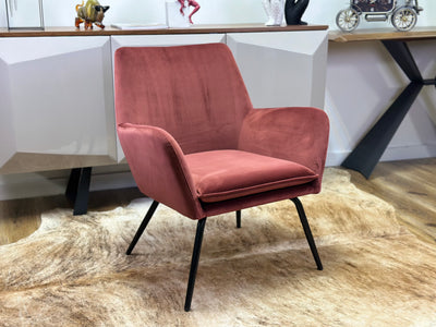 Diego Ascent Chair in Luxurious Maroon Velvet with Low Seating Design and Sturdy Metal Legs
