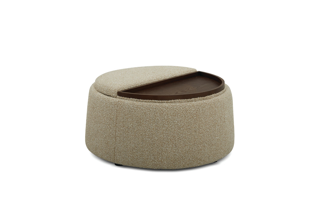 Green ottoman with a brown tray on a white background