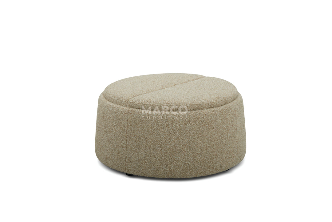 Green pouf with 'MARCO' branding on a white background