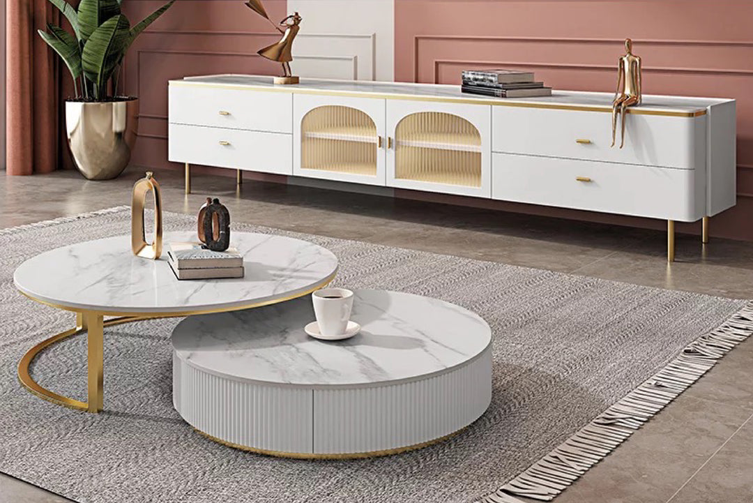 Doyle Round Coffee Table Set with Gold Metal Base, Spanish Ceramic Top, and Silent Wood Drawer (Set of 2)