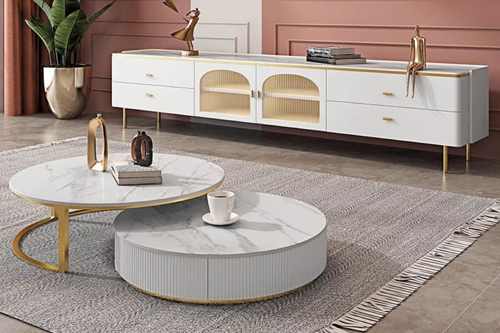 Doyle Round Coffee Table Set with Gold Metal Base, Spanish Ceramic Top, and Silent Wood Drawer (Set of 2)