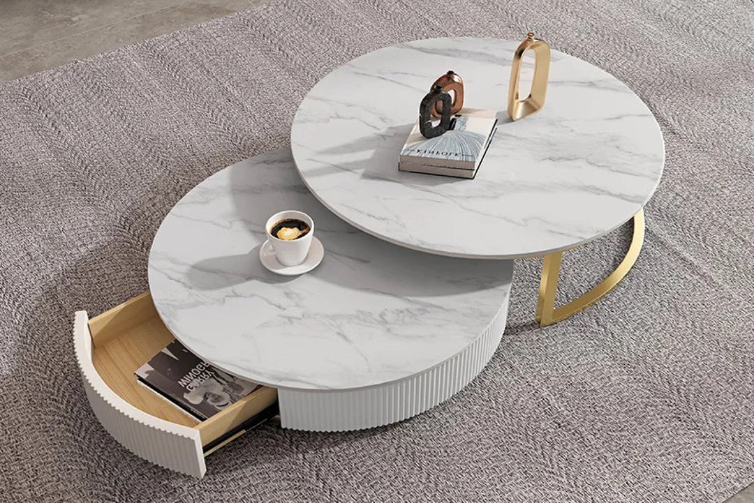 Doyle Round Coffee Table Set with Gold Metal Base, Spanish Ceramic Top, and Silent Wood Drawer (Set of 2)
