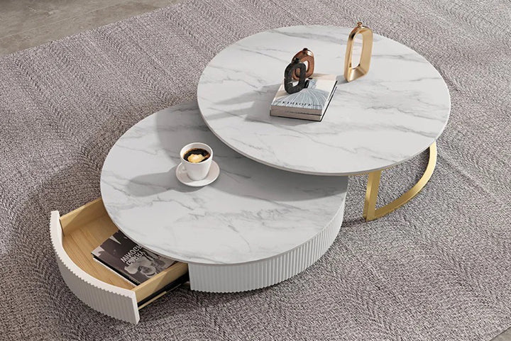Doyle Round Coffee Table Set with Gold Metal Base, Spanish Ceramic Top, and Silent Wood Drawer (Set of 2)