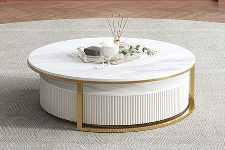Doyle Round Coffee Table Set with Gold Metal Base, Spanish Ceramic Top, and Silent Wood Drawer (Set of 2)
