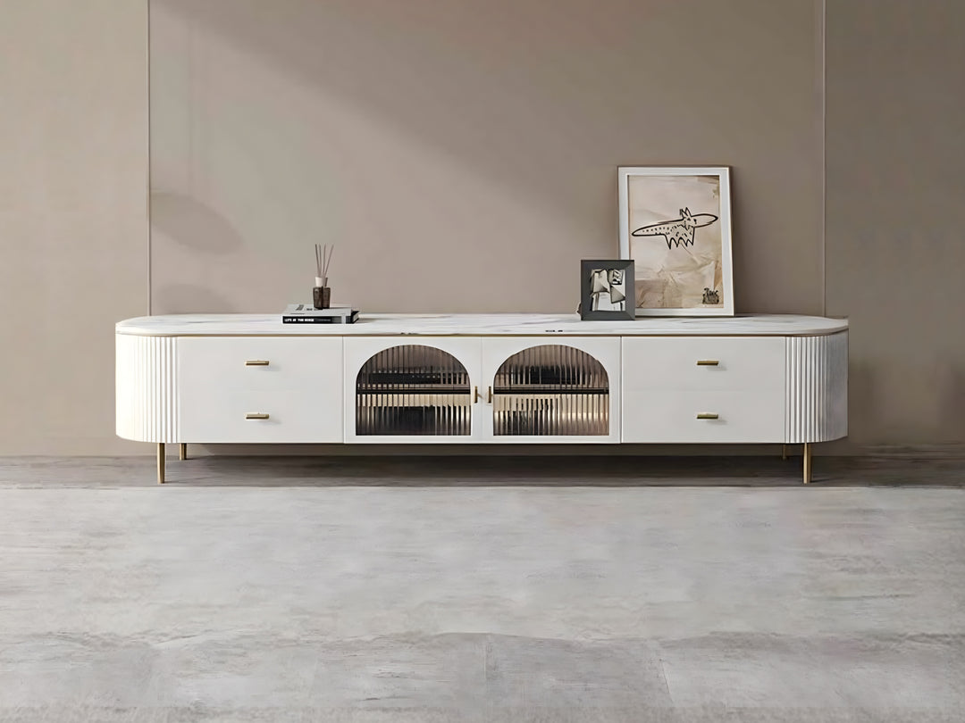 Doyle Ceramic Top TV Unit with Steel Gold Legs and Drawers