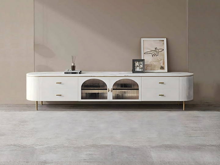 Doyle Ceramic Top TV Unit with Steel Gold Legs and Drawers