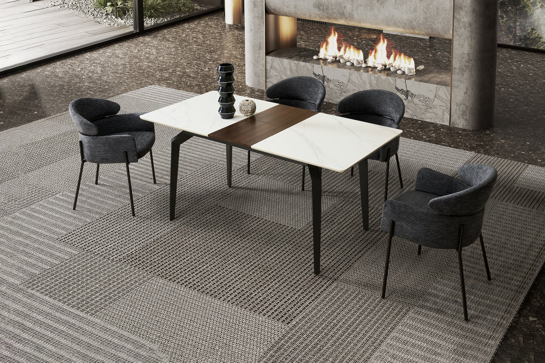 Elora Spanish Ceramic Top Extendable Dining Table - Matte Black Metal Legs