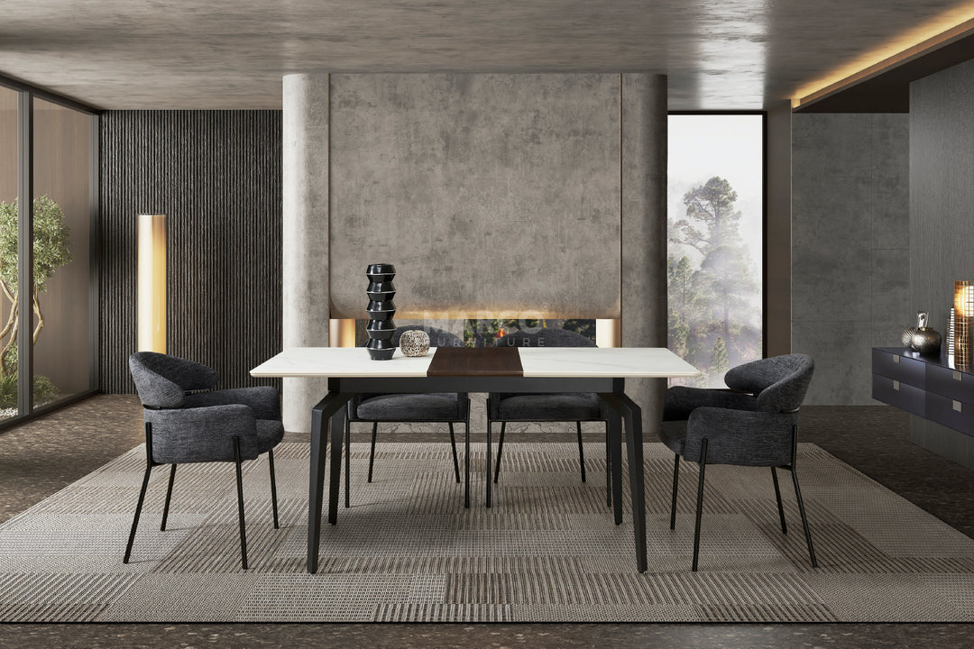 Elora Spanish Ceramic Top Extendable Dining Table - Matte Black Metal Legs