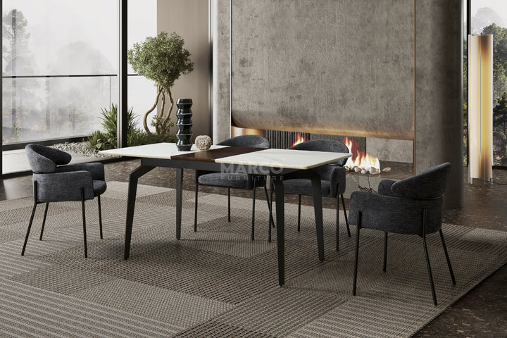 Elora Spanish Ceramic Top Extendable Dining Table - Matte Black Metal Legs