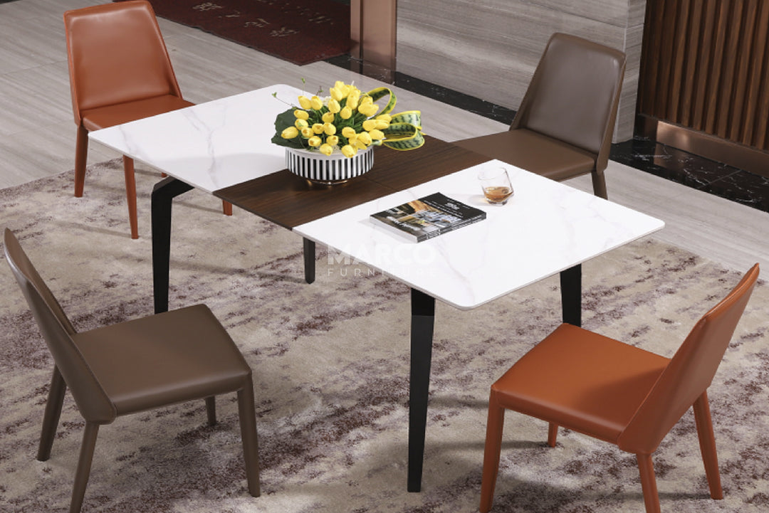 Elora Spanish Ceramic Top Extendable Dining Table - Matte Black Metal Legs