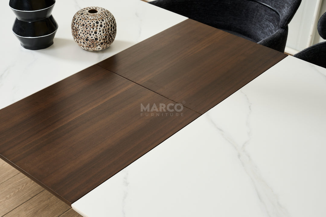 Elora Spanish Ceramic Top Extendable Dining Table - Matte Black Metal Legs