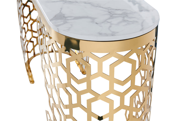 Gold geometric console table with marble top on a white background