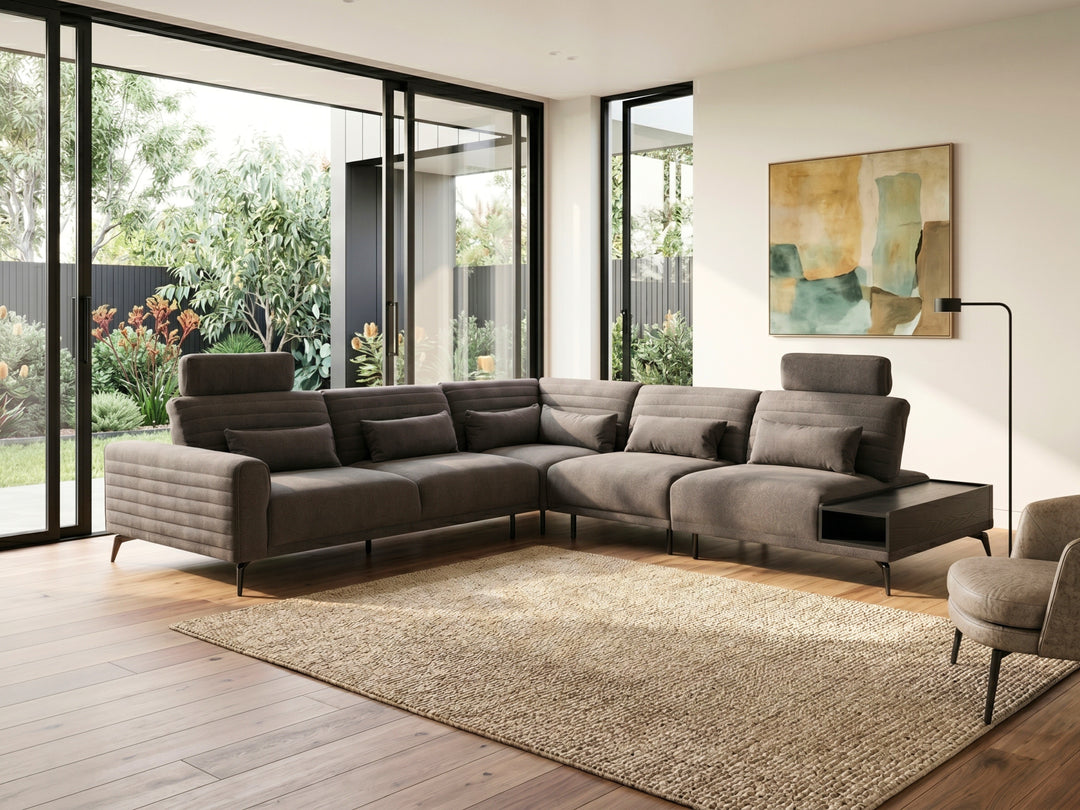 Glamour Upholstered Fabric Sectional Lounge – Modern L-Shape Sofa with Headrests