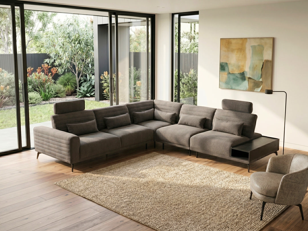 Glamour Upholstered Fabric Sectional Lounge – Modern L-Shape Sofa with Headrests