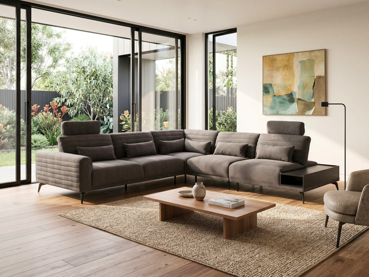 Glamour Upholstered Fabric Sectional Lounge – Modern L-Shape Sofa with Headrests