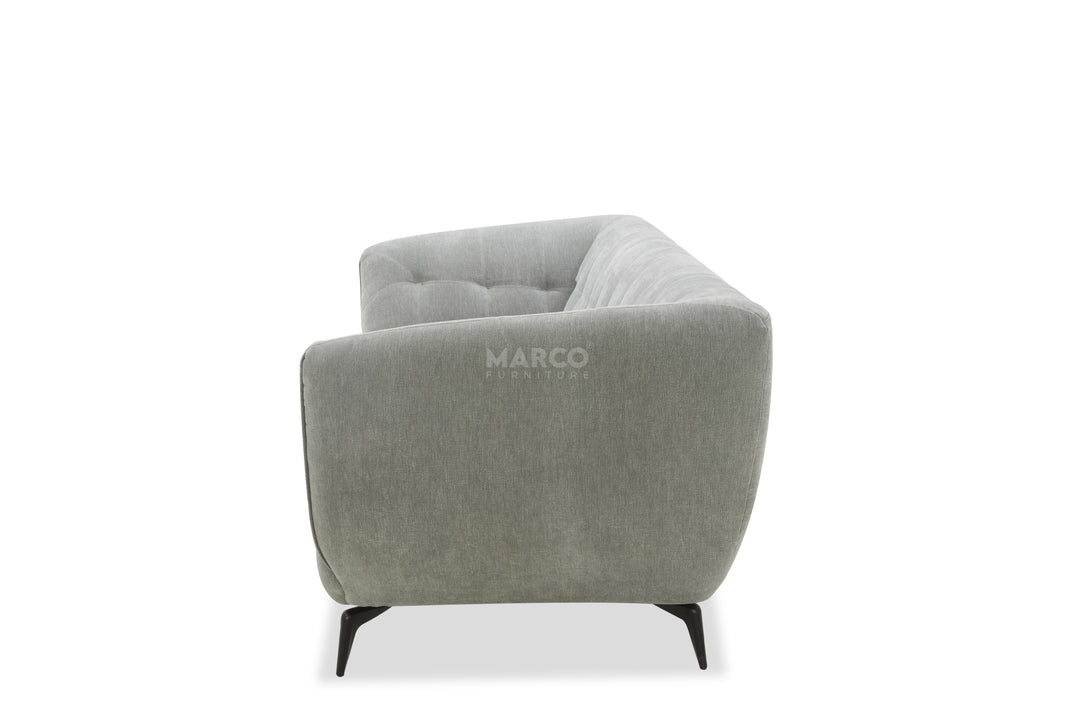 Gray sofa with 'MARCO' branding on a white background