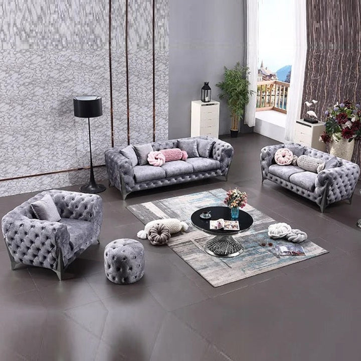 Furniture Divano Silver Gloria Grey Velvet Chesterfield Sofa